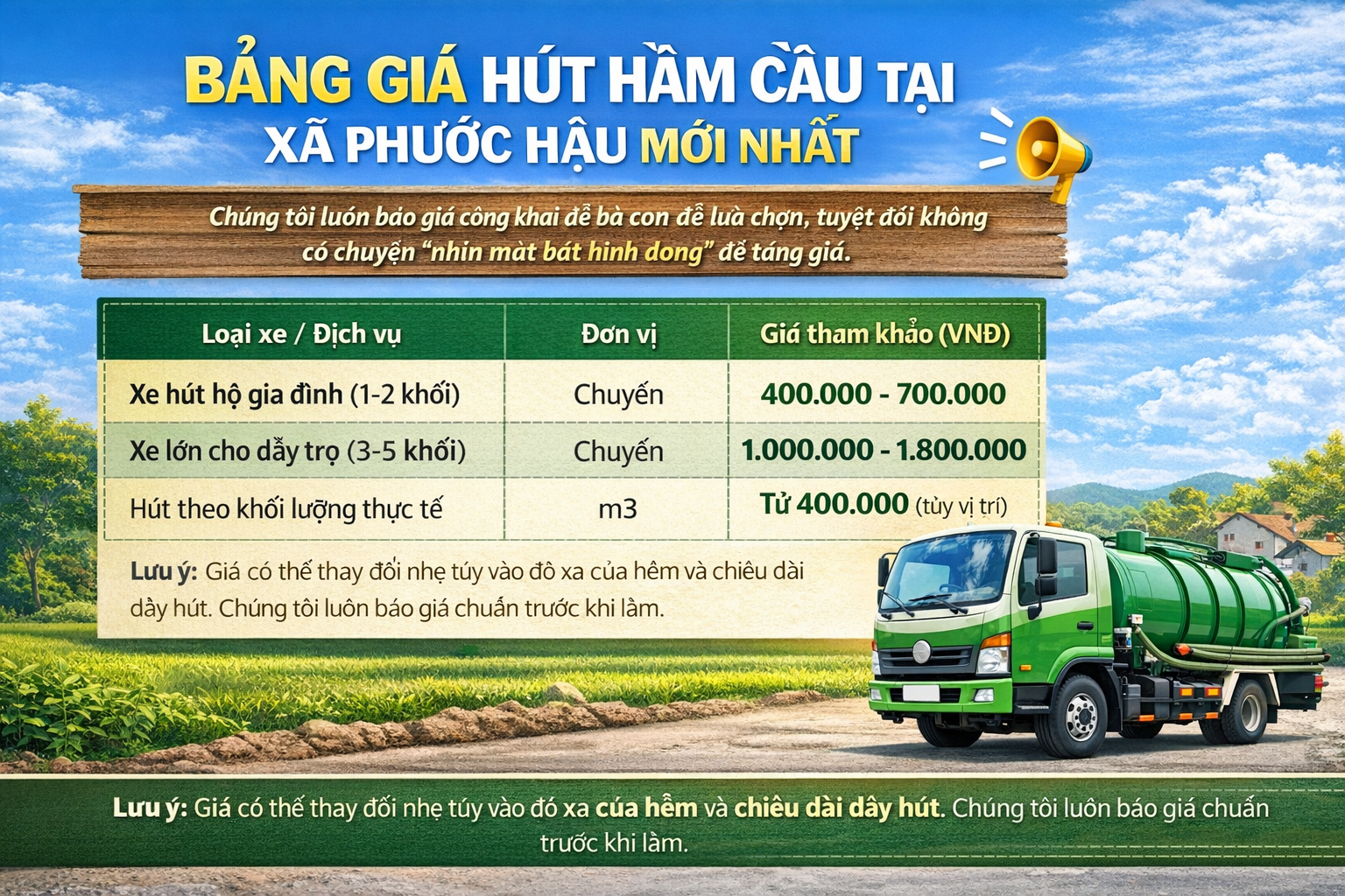 bảng giá hút hầm cầu Phước Hậu (Ninh Thuận)